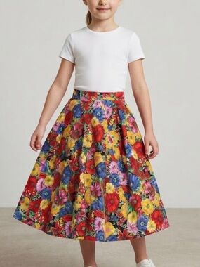 Girl’s Handmade Poodle Floral A-Line Midi Skirt Kids Size 6